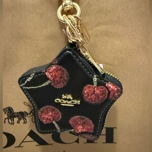 Coach Black Star Leather Key Charm with Pink Sequin Flowers